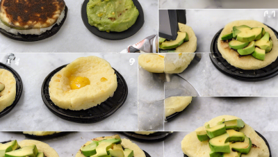 Arepas rellenas de portobellos y aguacate al limón