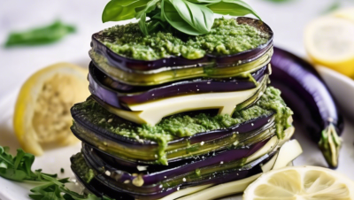Berenjenas en acordeón con pesto de rúcula