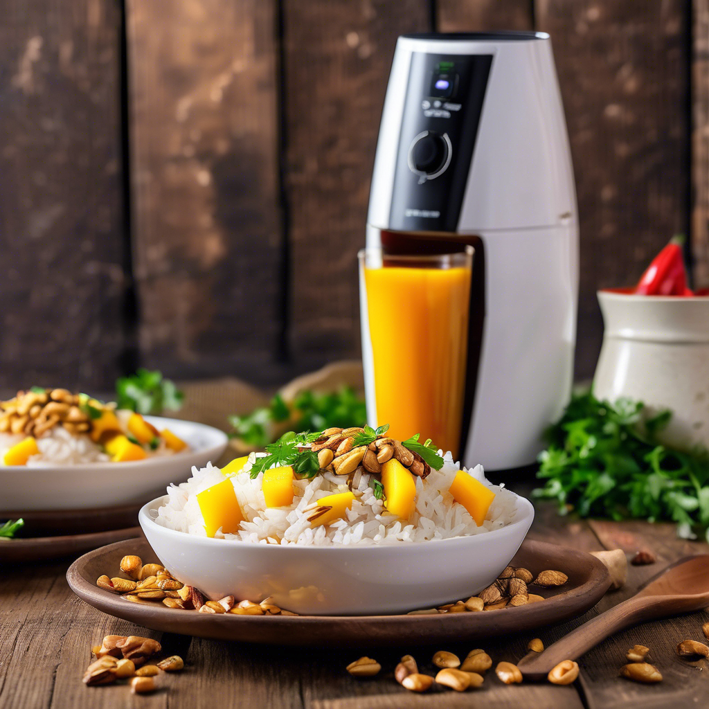 Cilindros de arroz jazmín con mango y chile en polvo