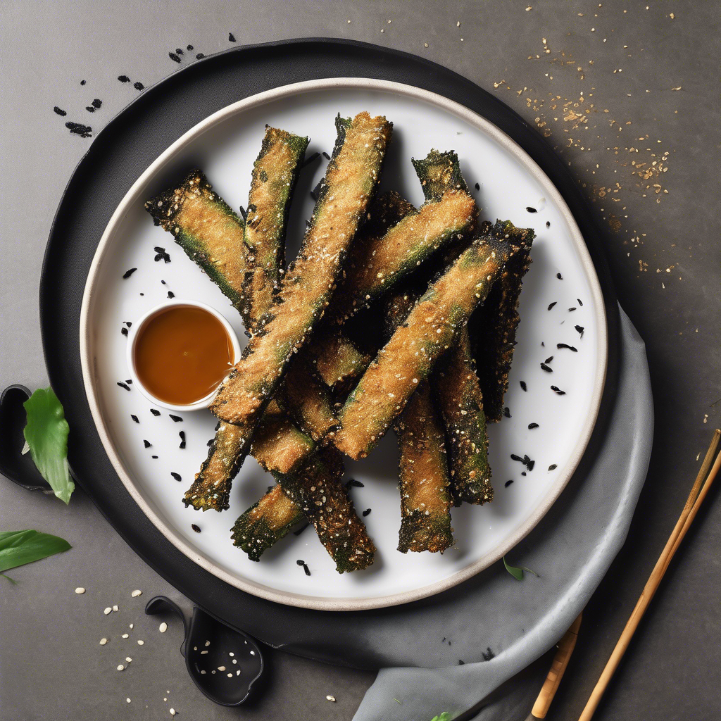 Deditos de pepino rebozado con sésamo negro y tamari