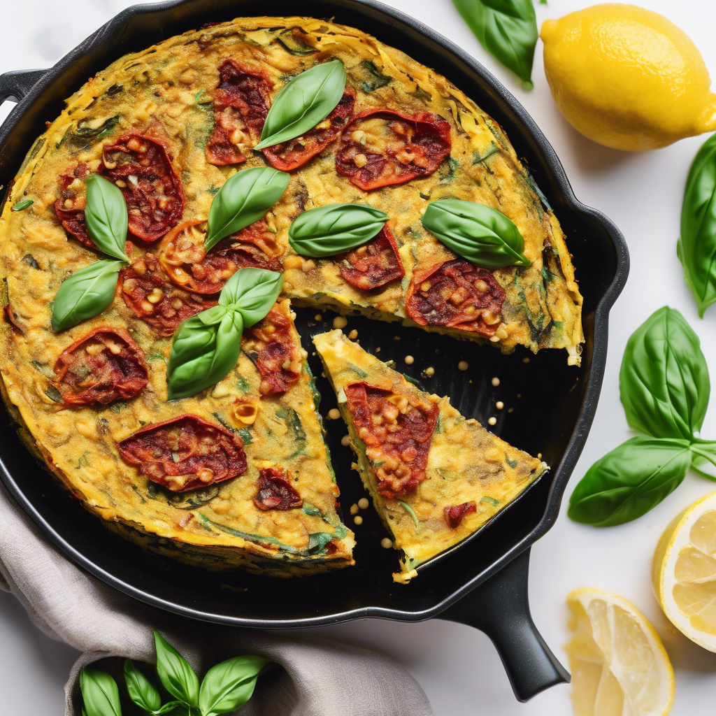 Frittata vegana de garbanzo, tomate seco y albahaca