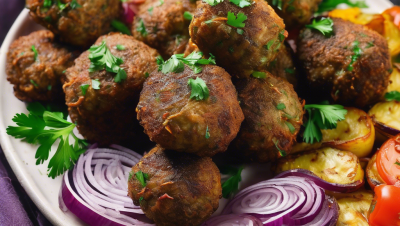 Koftas de papa morada con perejil y cebolla morada