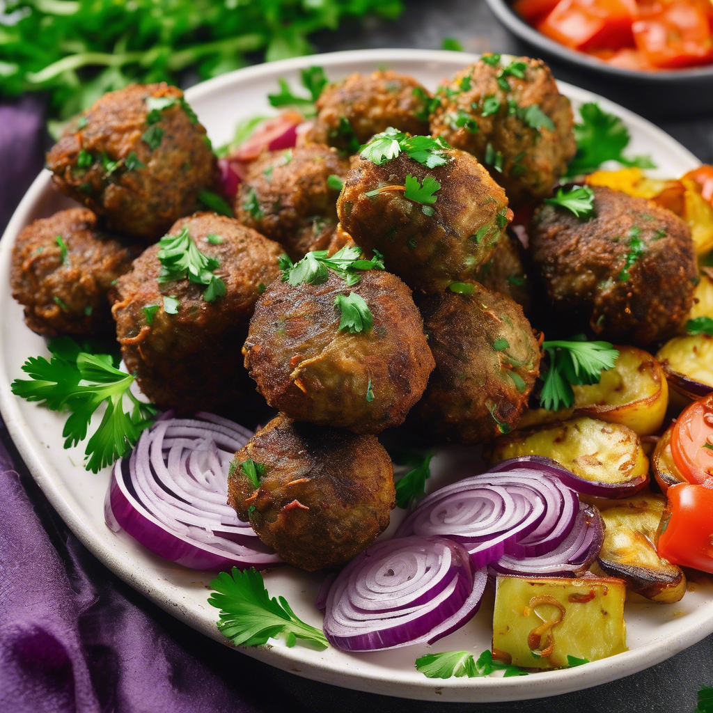 Koftas de papa morada con perejil y cebolla morada