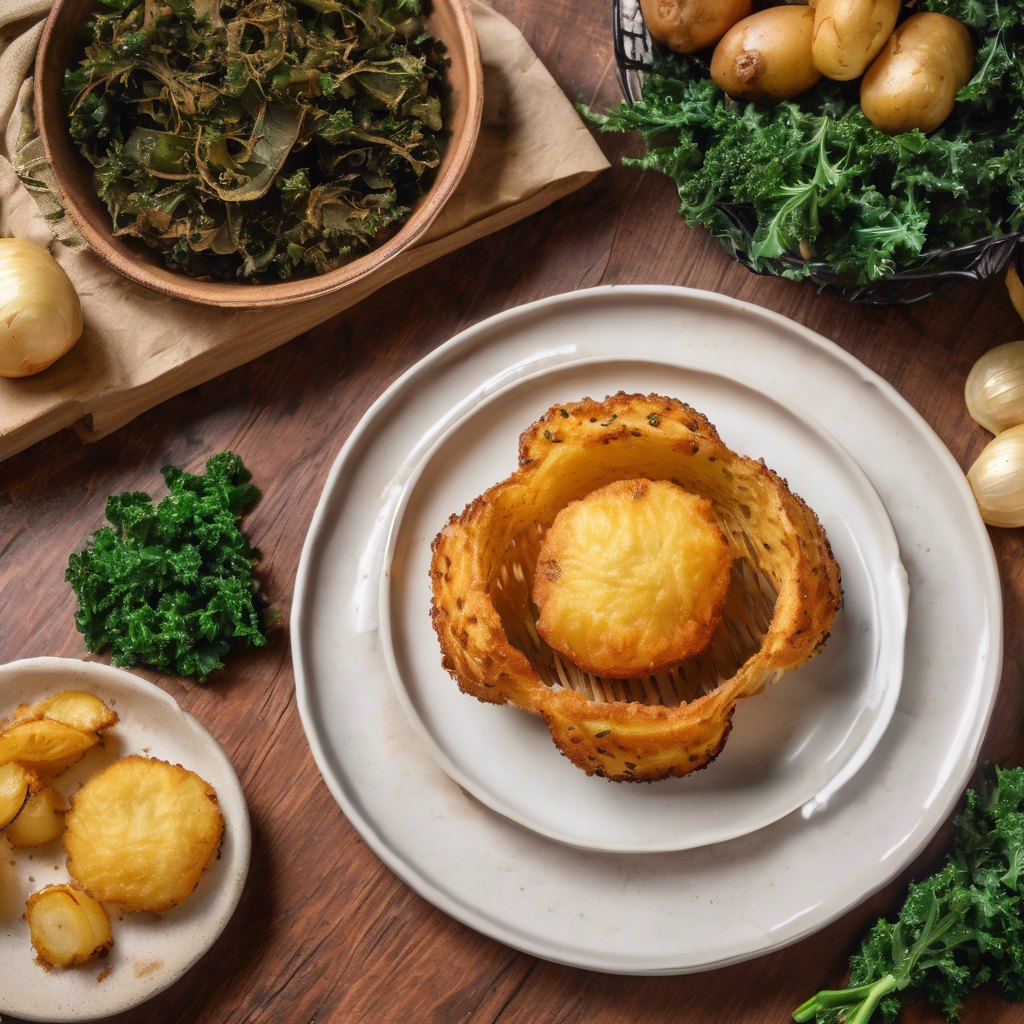 Pastel crocante de batata, cebollas y col rizada