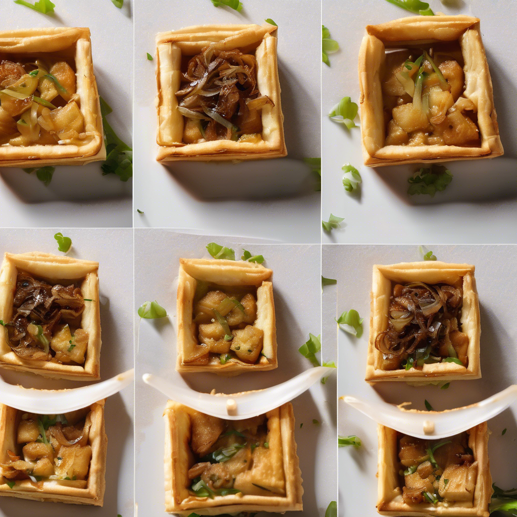 Tartaletas crujientes de tofu ahumado y cebolla caramelizada