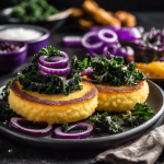 Tartaletas de polenta con topping de cebolla morada y kale